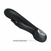 Vibratore rabbit nero con dettaglio foro ricarica USB e etichetta ricaricabile