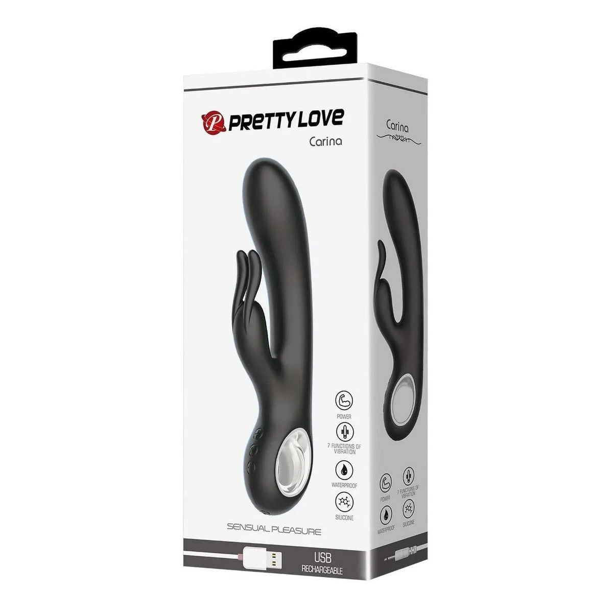 Scatola confezionamento vibratore rabbit Carina Pretty Love con icone funzioni