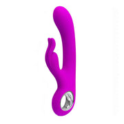 Vibratore rabbit viola acceso con struttura coniglio e pulsanti controllo
