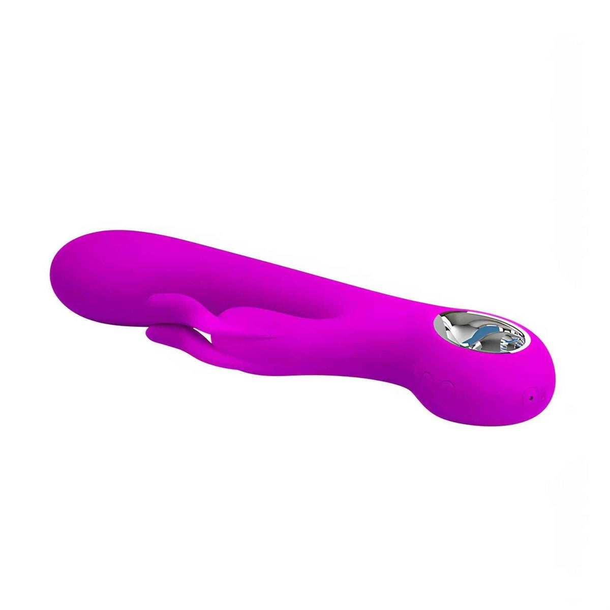 Vibratore rabbit viola acceso posizionato orizzontalmente con design coniglio