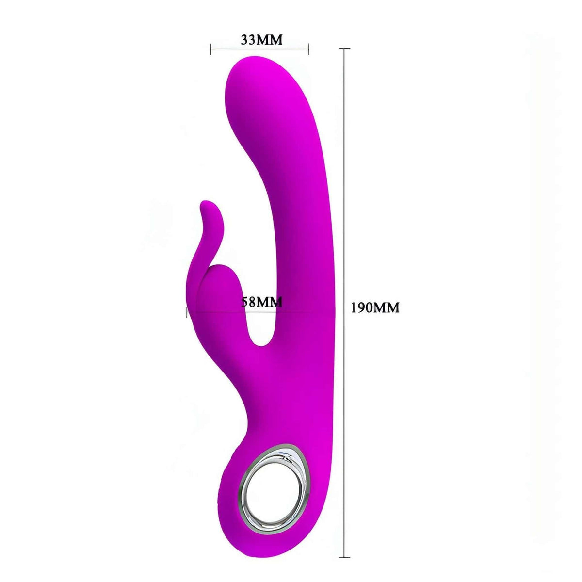 Vibratore rabbit viola acceso con misure grafiche e anello di ricarica cromato
