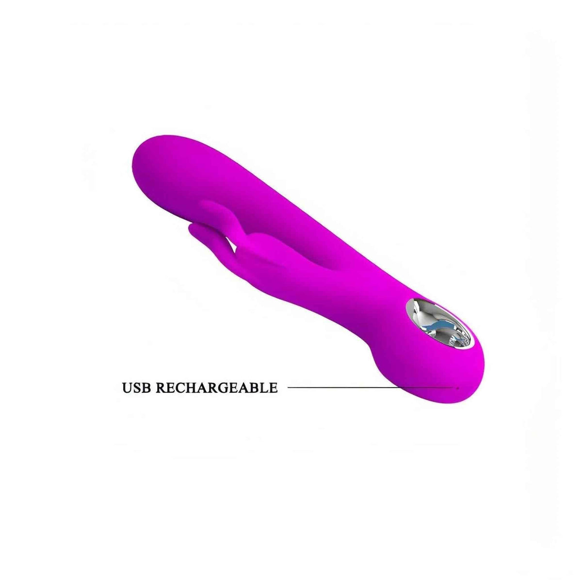 Vibratore rabbit viola ricaricabile USB con etichetta specifica e design ergonomico