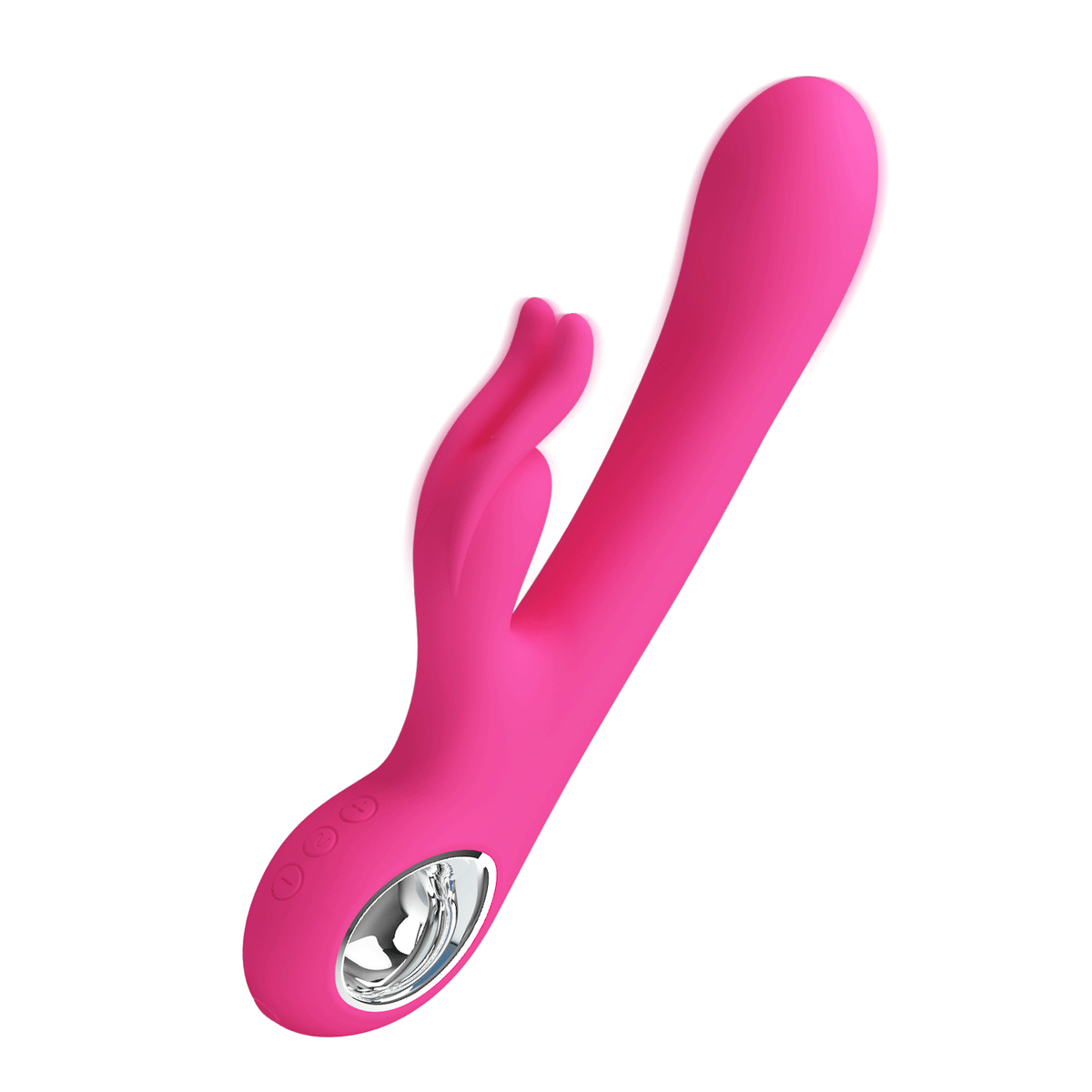 Vibratore rabbit rosa acceso con angoli diagonali e dettagli pulsanti tattili