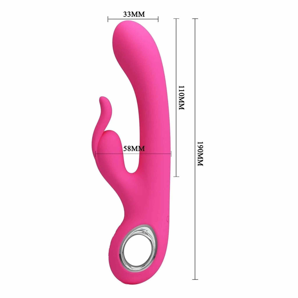Vibratore rabbit rosa acceso in silicone morbido con anello metallico e misure dettagliate