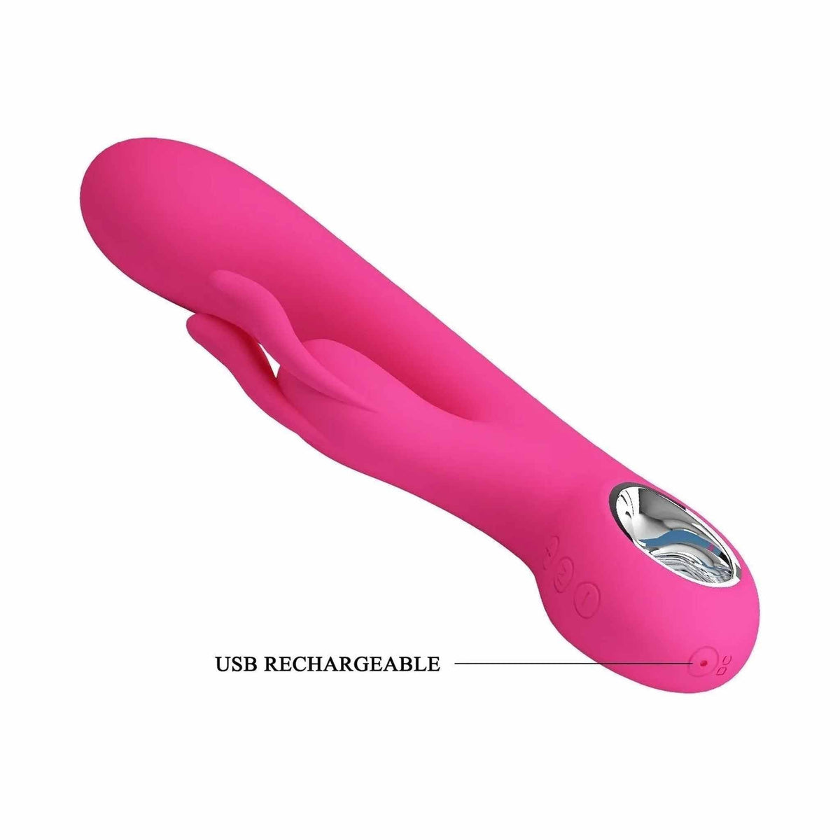 Vibratore rabbit rosa acceso con vista del connettore di ricarica USB