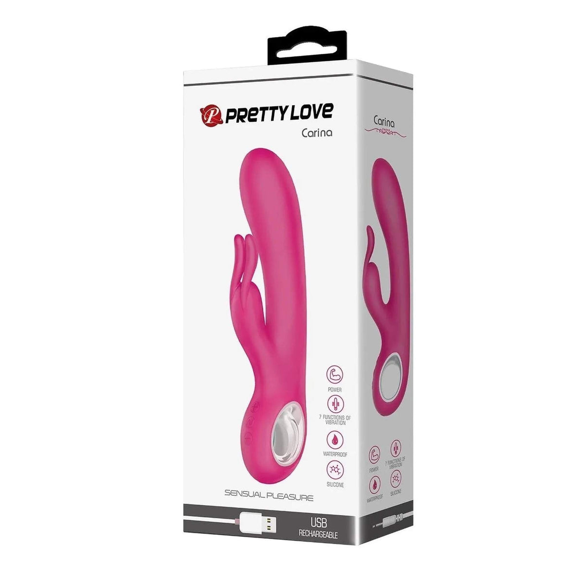Scatola imballaggio vibratore rabbit Carina Pretty Love con icone impermeabile e ricarica