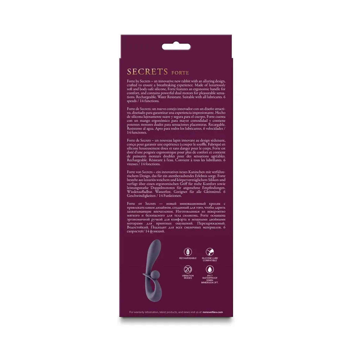 Retro confezione vibratore rabbit SECRETS con specifiche impermeabile IPX7 e 14 modalità