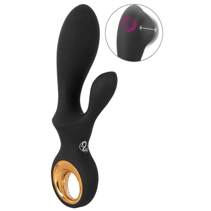 Vibratore a coniglio nero gonfiabile in silicone con anello dorato e logo YOU TOY