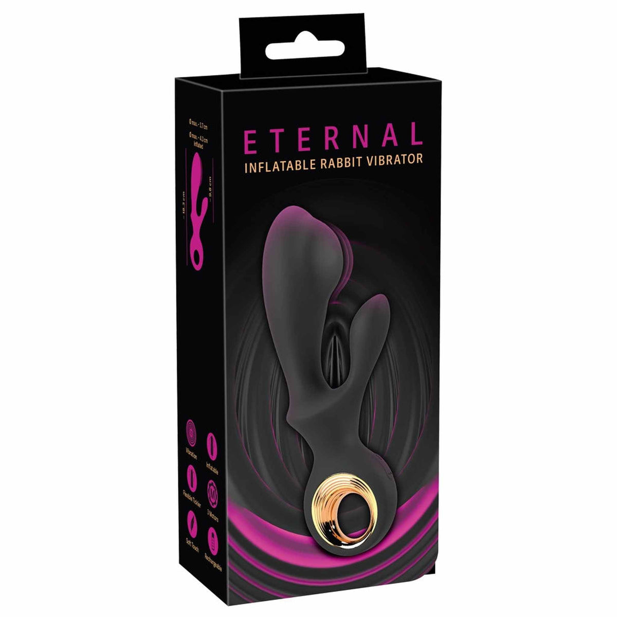 Confezione scatola nera vibratore a coniglio gonfiabile Eternal con icone funzioni