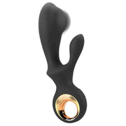 Vibratore a coniglio nero in silicone vista frontale con superficie morbida e anello dorato