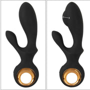 Vibratore vaginale a coniglio nero in silicone flessibile con anello dorato metallico