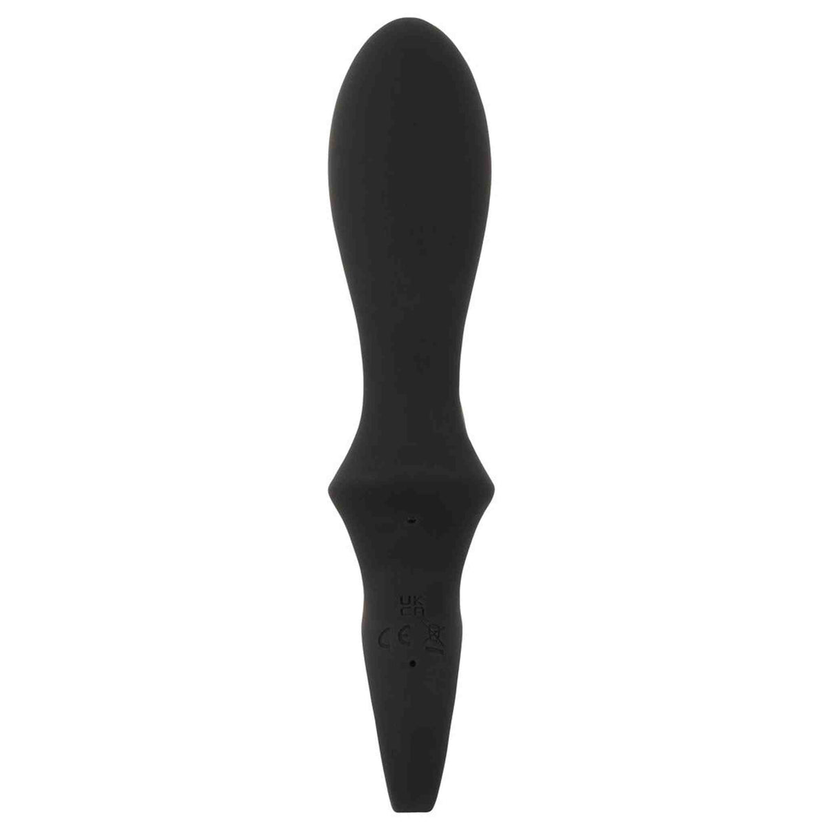 Vista posteriore vibratore a coniglio nero con simboli di certificazione CE incisi