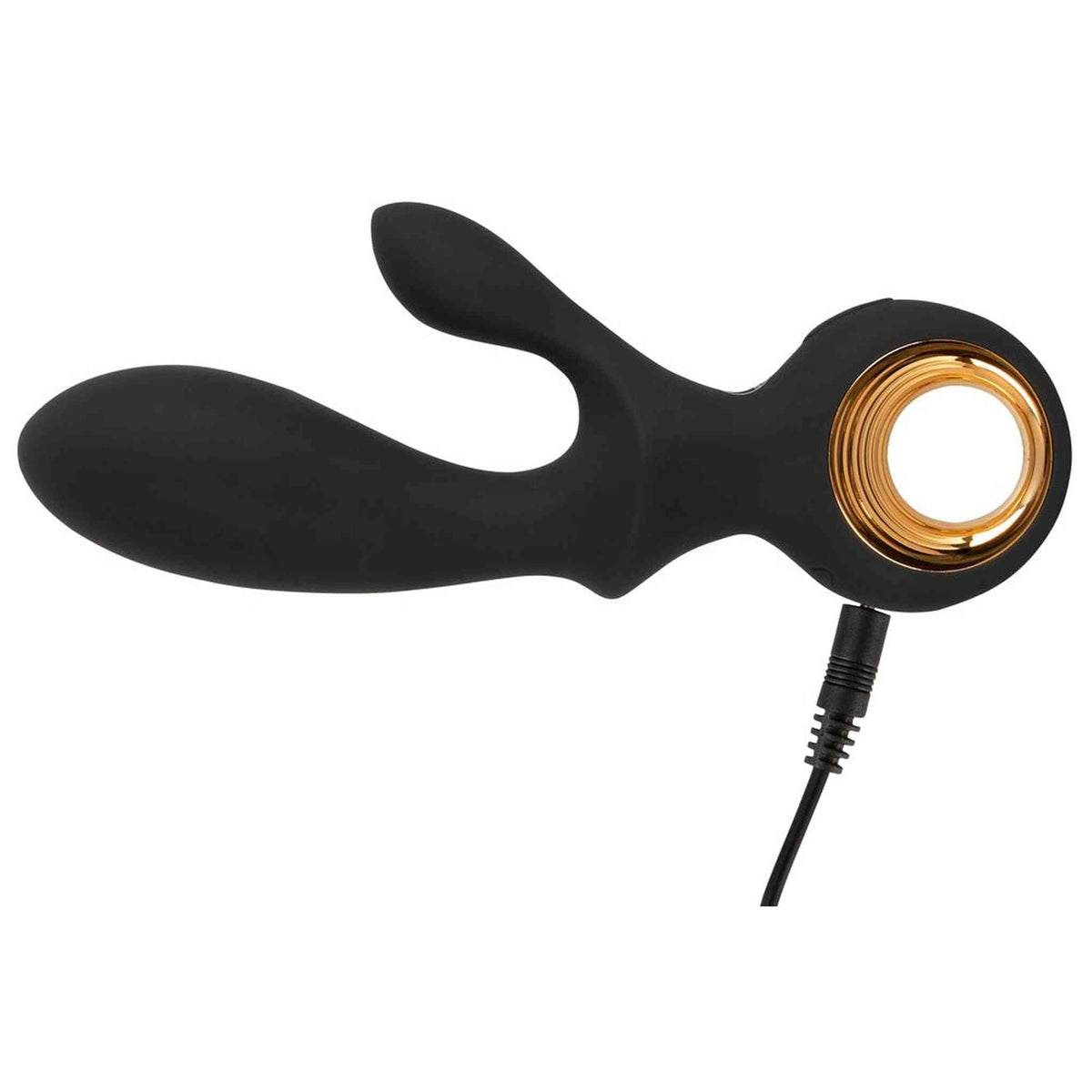 Vibratore a coniglio nero in silicone ergonomico con cavo di ricarica e anello dorato