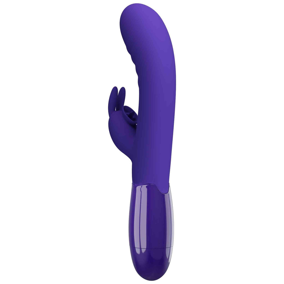 Vibratore rabbit silicone viola scuro profilo laterale con finitura lucida e design curvo