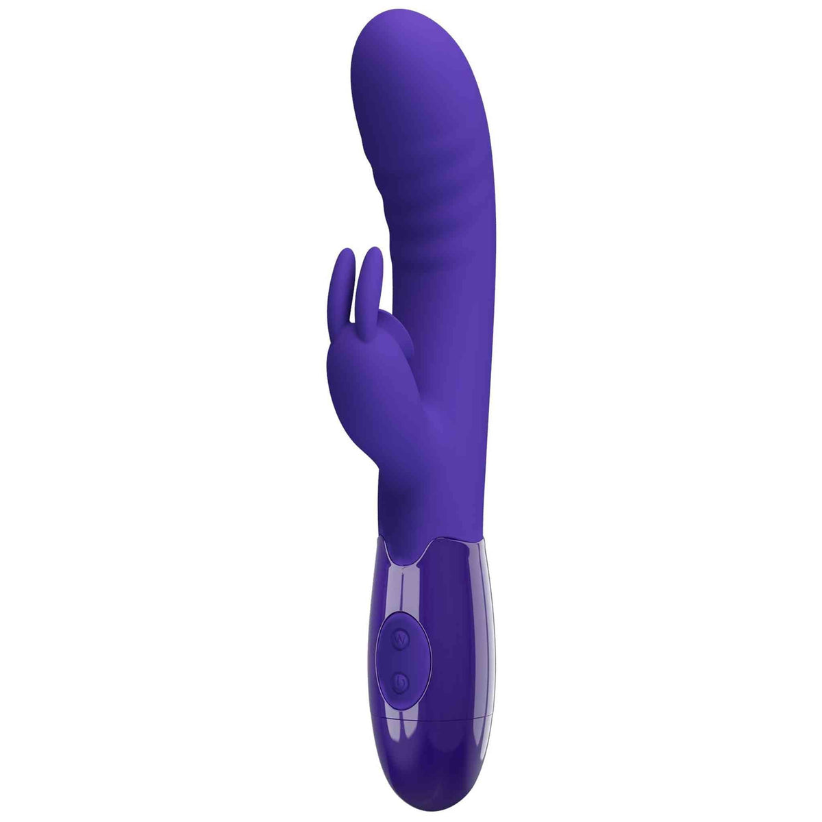Vibratore rabbit silicone viola scuro frontale con simboli accensione e regolazione