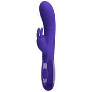Vibratore rabbit silicone viola scuro frontale con simboli accensione e regolazione