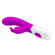 Vibratore rabbit bicolore viola e bianco con corpo ergonomico e pulsanti ovali
