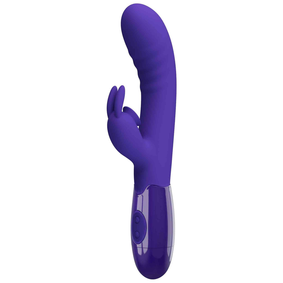 Vibratore rabbit silicone viola scuro laterale con superficie morbida e manico lucido