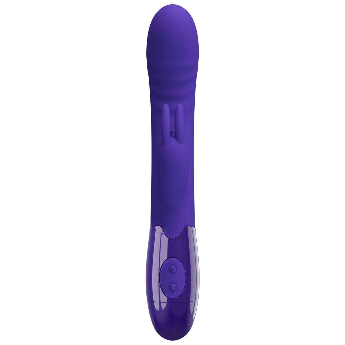 Vibratore rabbit silicone viola scuro frontale con texture lieve e pulsanti incassati