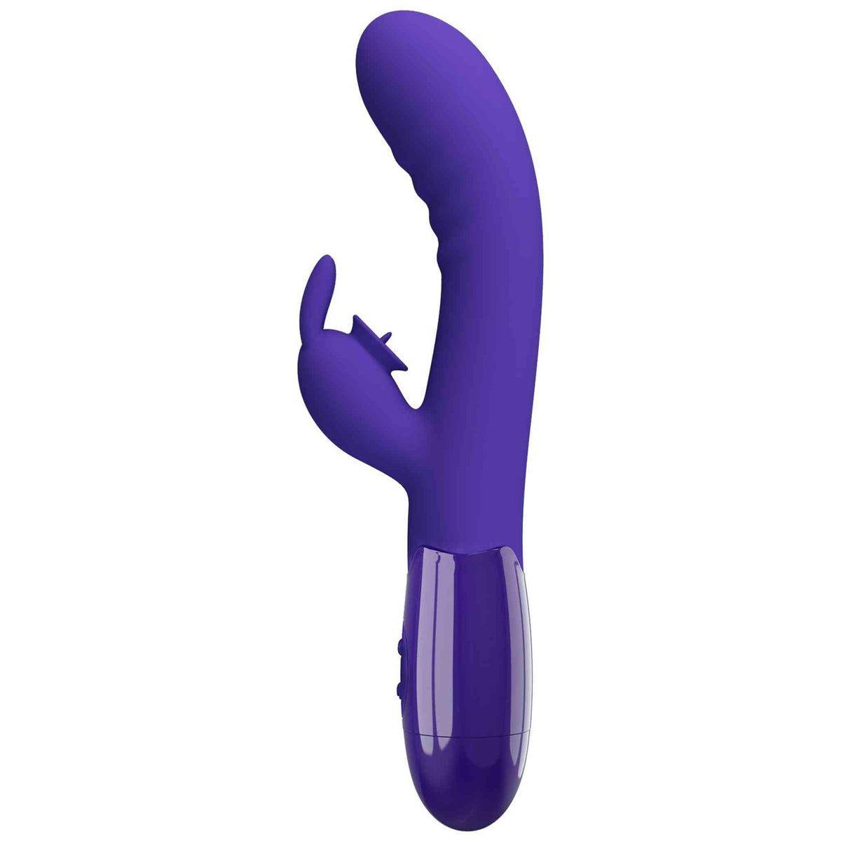 Vibratore rabbit viola laterale con protuberanza a forma di lingua e base arrotondata