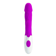 Vista frontale vibratore rabbit viola a forma di glande con base bianca