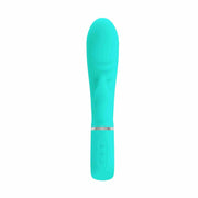 Vibratore rabbit turchese frontale con fascia argento e pulsanti