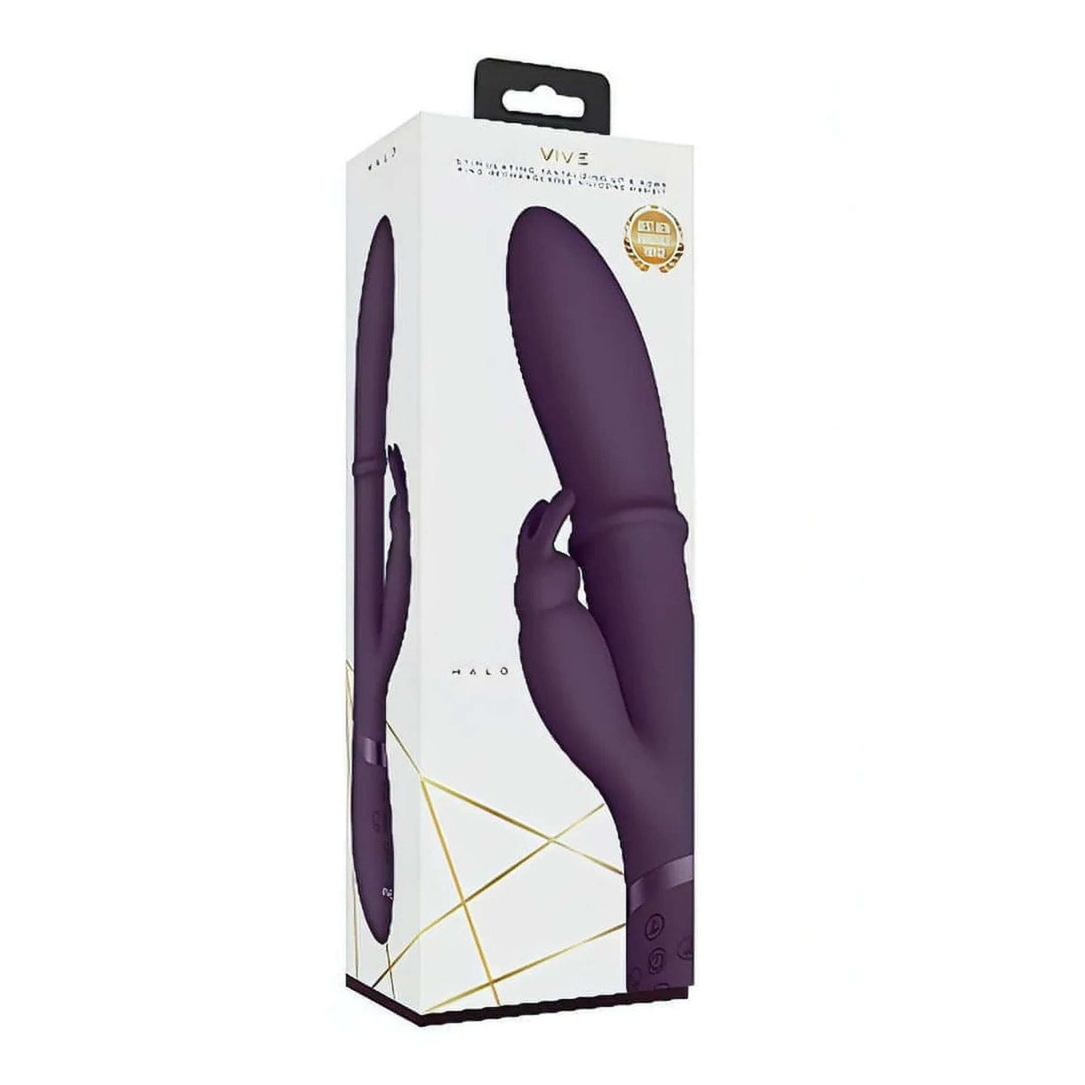 Confezione vibratore rabbit viola VIVE HALO con premio Best of 2022 e design geometrico