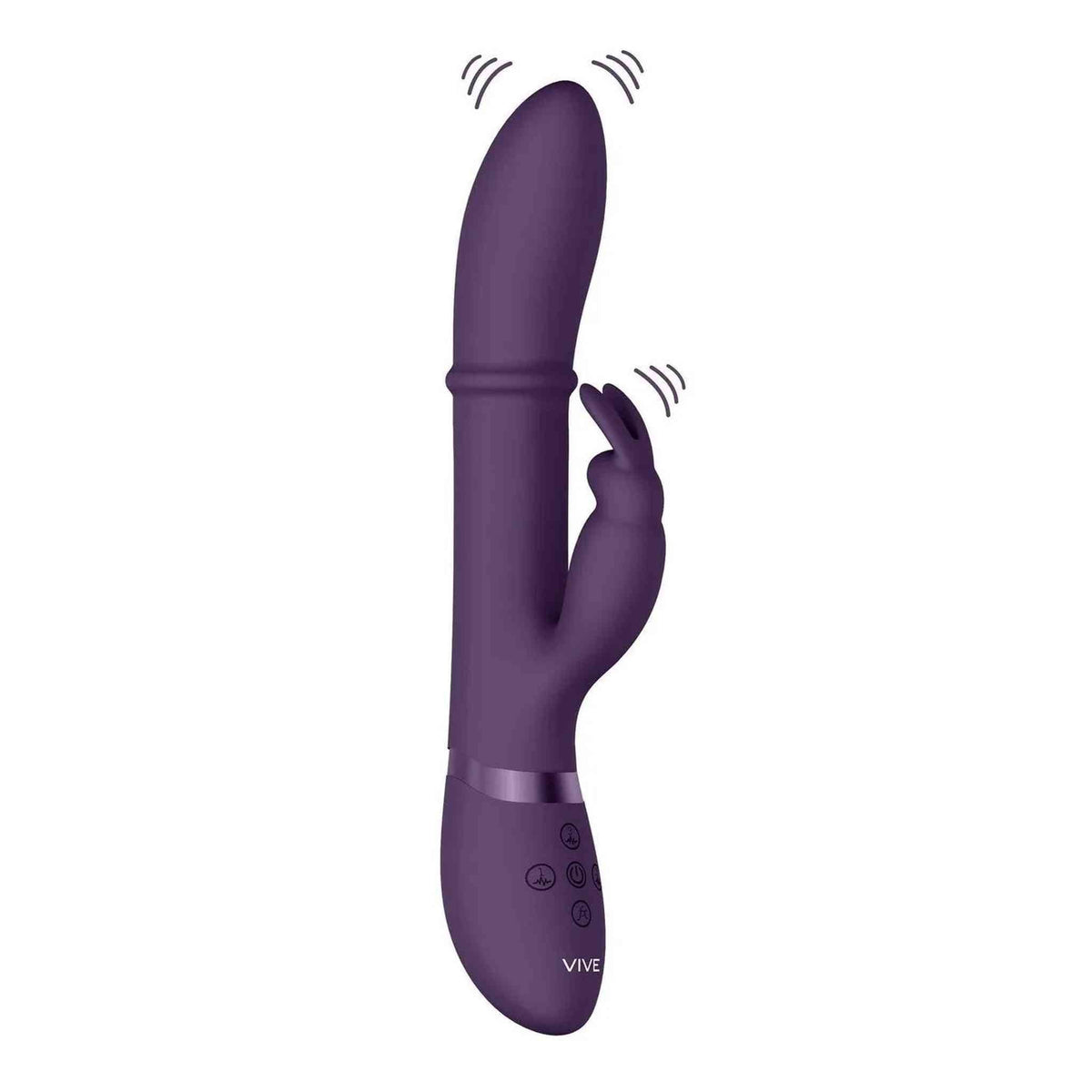 Vibratore rabbit viola scuro VIVE HALO con anello metallico e simboli vibrazione grafica