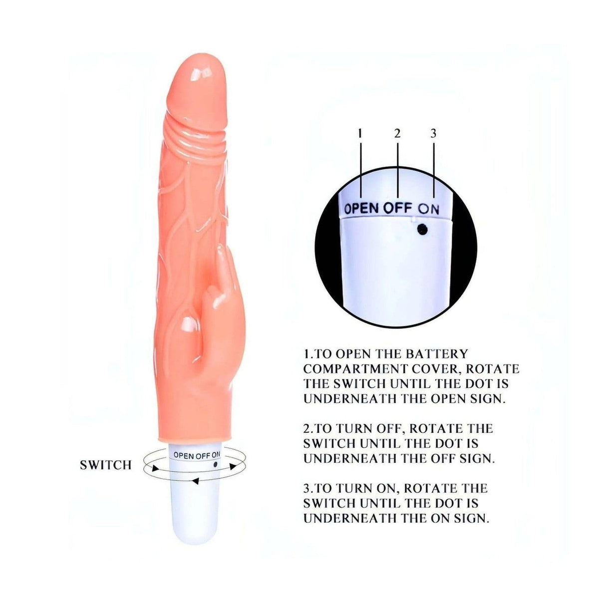 Interruttore rotativo vibratore rabbit TPR con modalità 1, 2, 3 e istruzioni