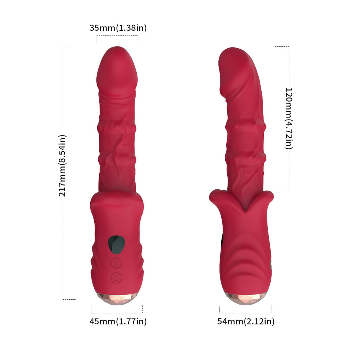 Vibratore sessuale rosso dimensioni 217 mm con pulsanti di controllo e punta decorata