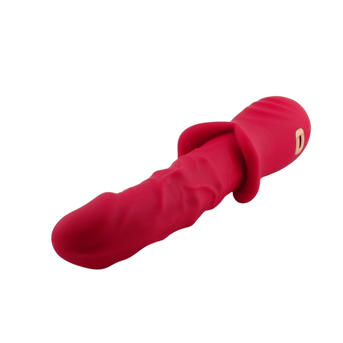 Vibratore rosso con porta di ricarica rettangolare bordata oro su manico laterale