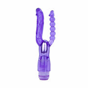 Vibratore anale e vaginale Minx viola traslucido a doppia testa con sfera e superficie liscia, anello regolazione base