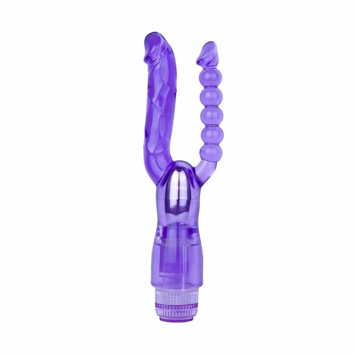 Vibratore anale e vaginale Minx viola traslucido a doppia testa con sfera e superficie liscia, anello regolazione base