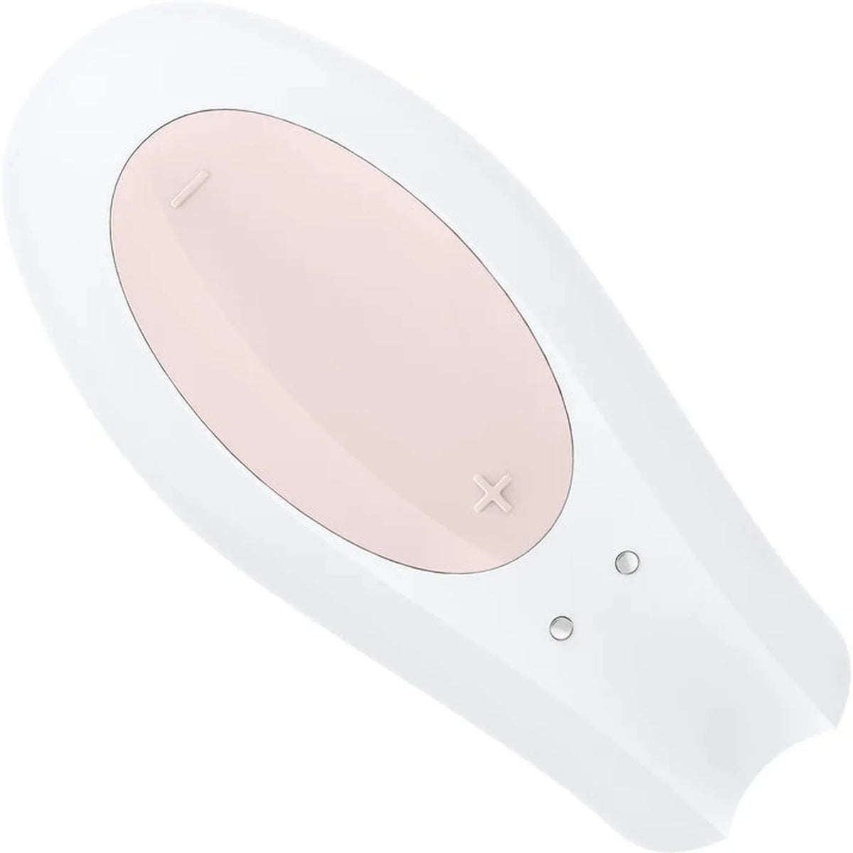 Vibratore di coppia in silicone medico bianco con zona rosa e pulsanti metallici