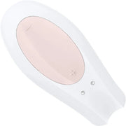 Vibratore di coppia in silicone medico bianco con zona rosa e pulsanti metallici