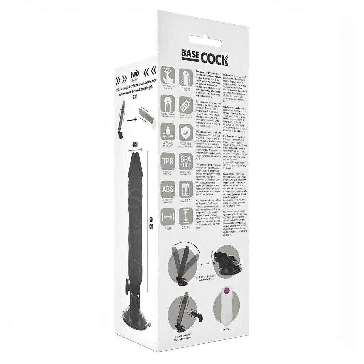 Retro confezione vibratore Base Cock con specifiche tecniche e icone materiali