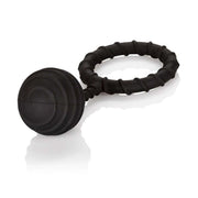 Anello fallico nero in silicone con sfera da 110g e texture a righe spiralate