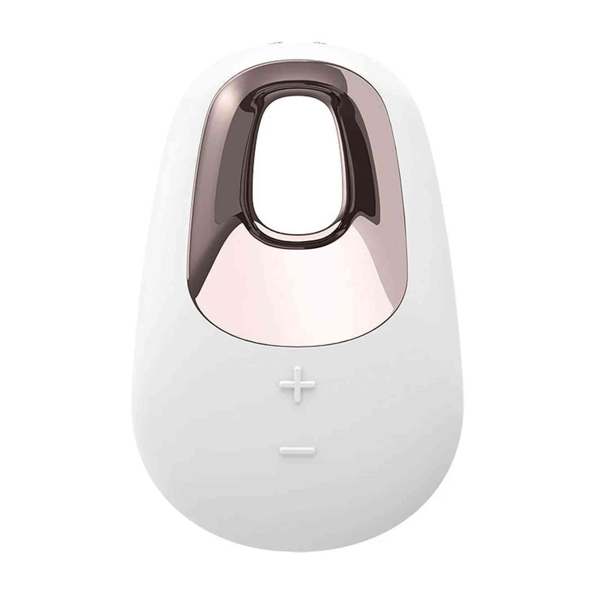 Vista frontale vibratore da posizionamento Satisfyer White Temptation corpo bianco opaco e metallo rosa