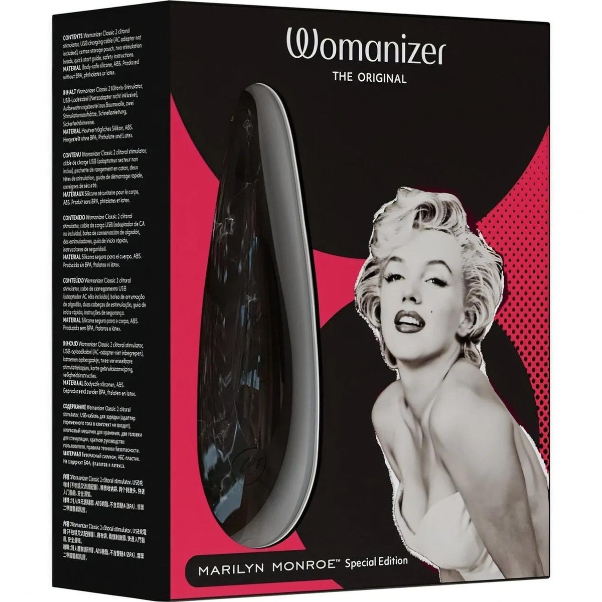 Scatola Womanizer Marilyn Monroe Special Edition nera marmo contenuti inclusi