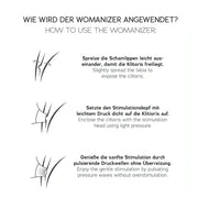 Guida illustrata bilingue applicazione corretta stimolatore clitoride Womanizer