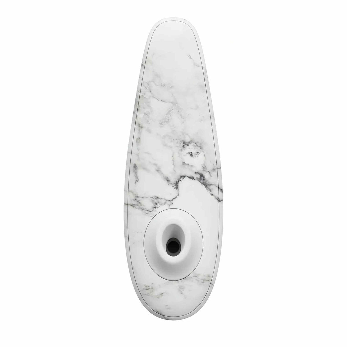 Vista frontale testina stimolazione Womanizer bianco marmo design ergonomico