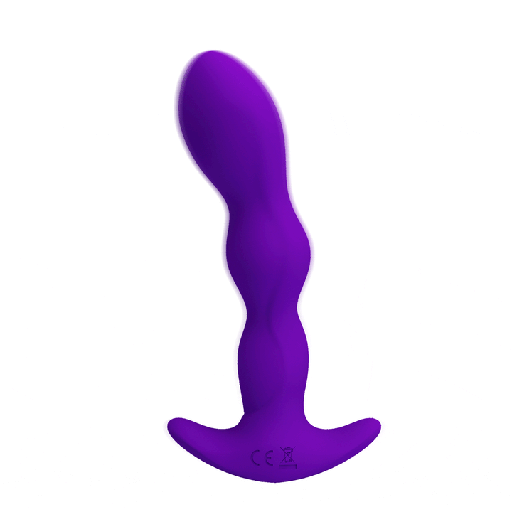 Plug anale viola Pretty Love con base larga e simboli CE, superficie liscia su sfondo bianco