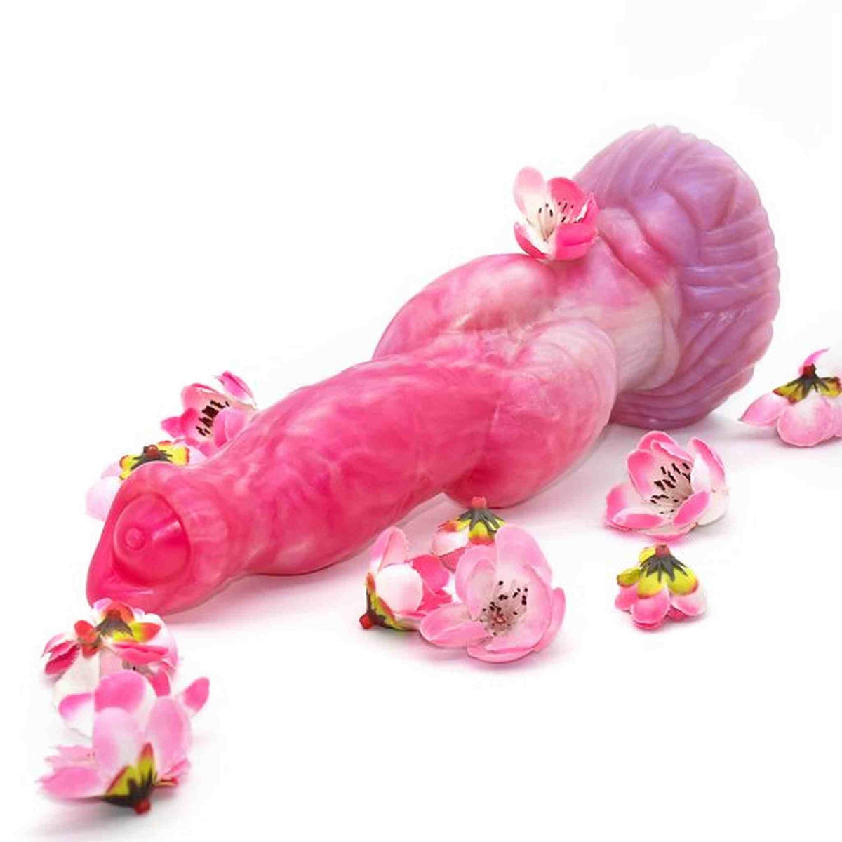 Dildo Youk viola e rosa texture ondulata con fiori decorativi