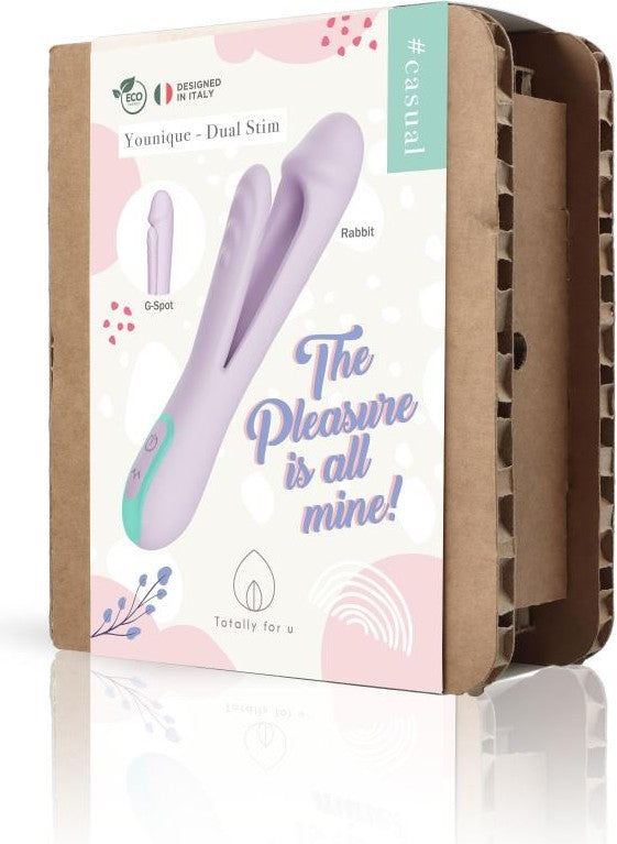Confezione vibratore coniglio Dual Stim etichetta rosa e bianca Made in Italy