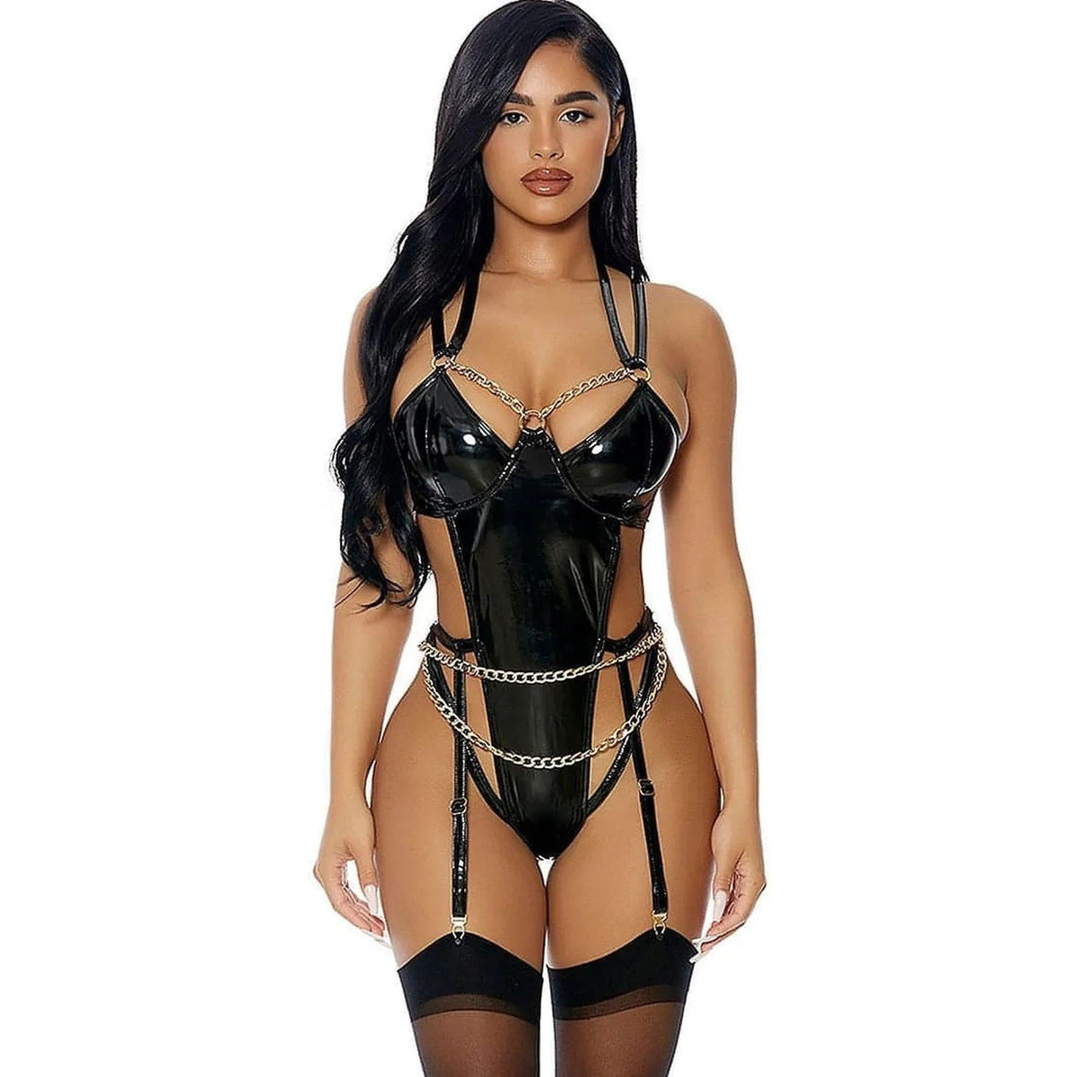 Body nero in lattice Forplay scollo cuore e catene dorate