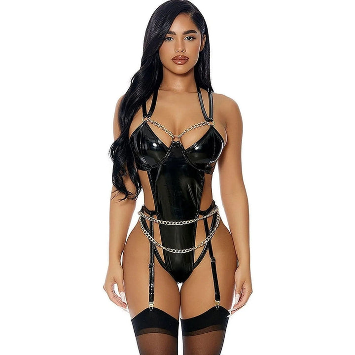 Body nero in lattice Forplay scollo cuore e catene dorate