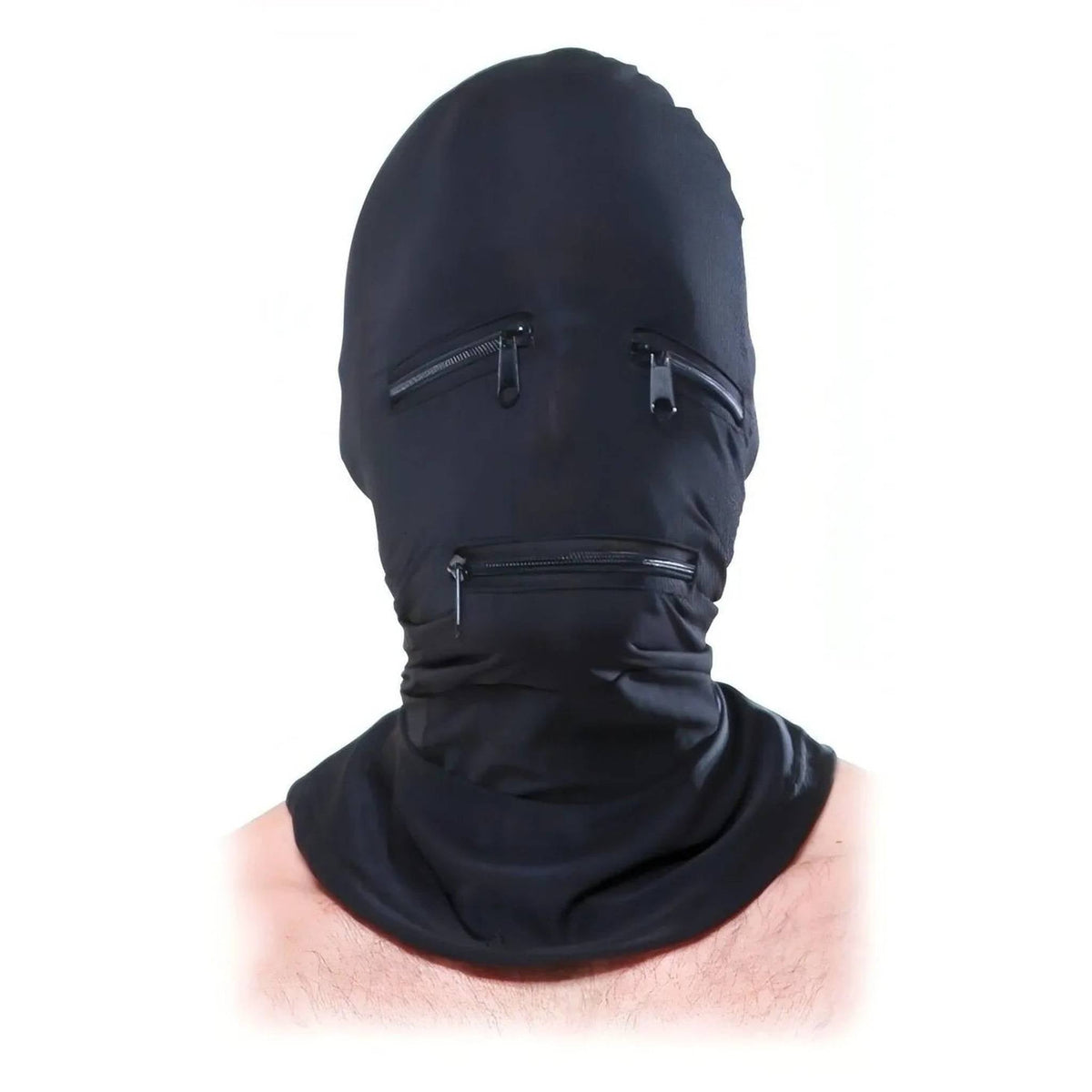 Cappuccio nero con zip occhi e bocca in tessuto elastico