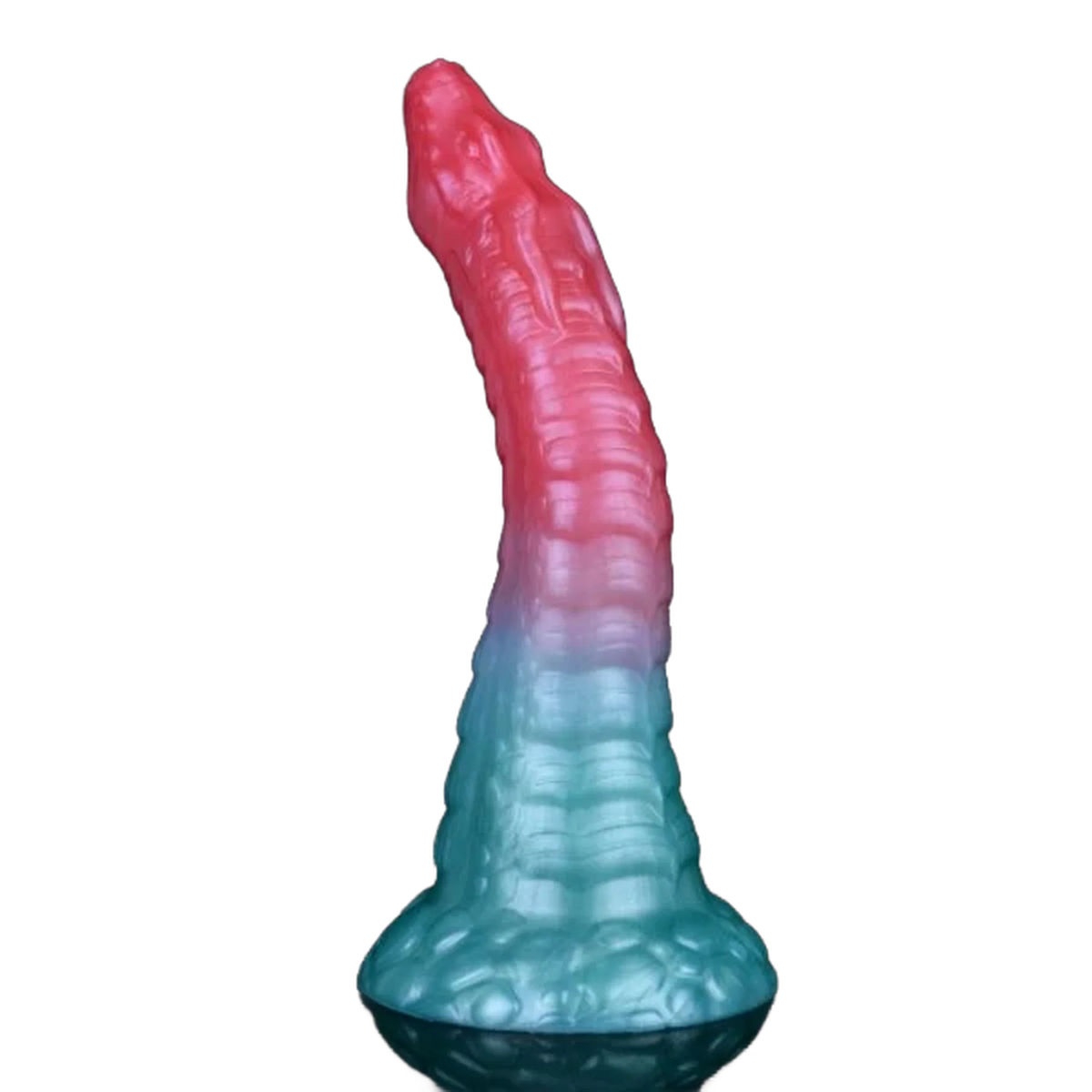 Dildo silicone mostro gradiente rosa blu verde squame vista frontale