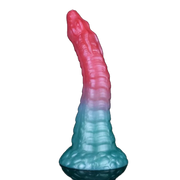 Dildo silicone mostro gradiente rosa blu verde squame vista frontale