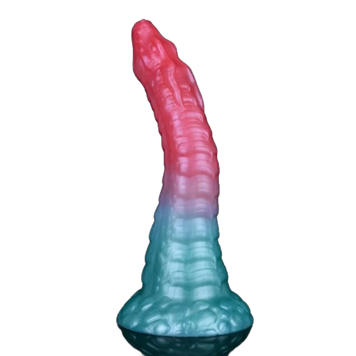 Dildo silicone mostro gradiente rosa blu verde squame vista frontale
